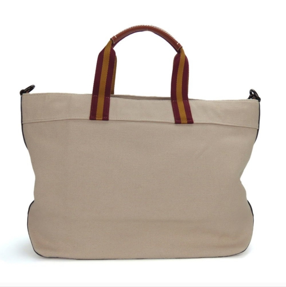 COACH Canvas and Leather Dark Beige Large Tote Bag with Burgundy Shoulder Strap - Picture 3 of 11